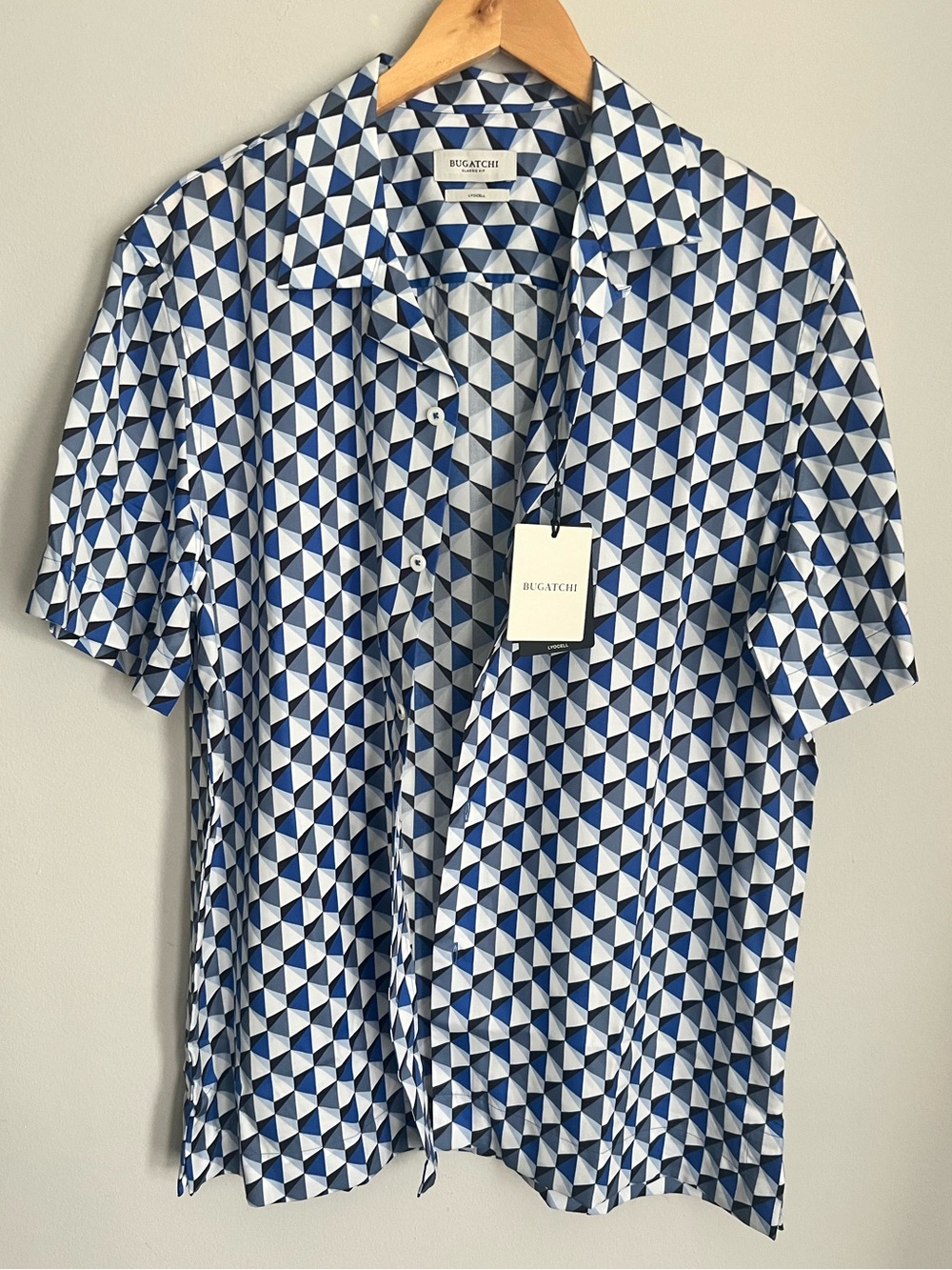 BUGATCHI Jackson Shaped Fit Geo Print Short Sleeve Button-Up Camp Shirt Size M